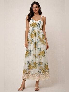 NWT Eva Mendes for New York & Company White Maxi Dress with Yellow Floral Print
